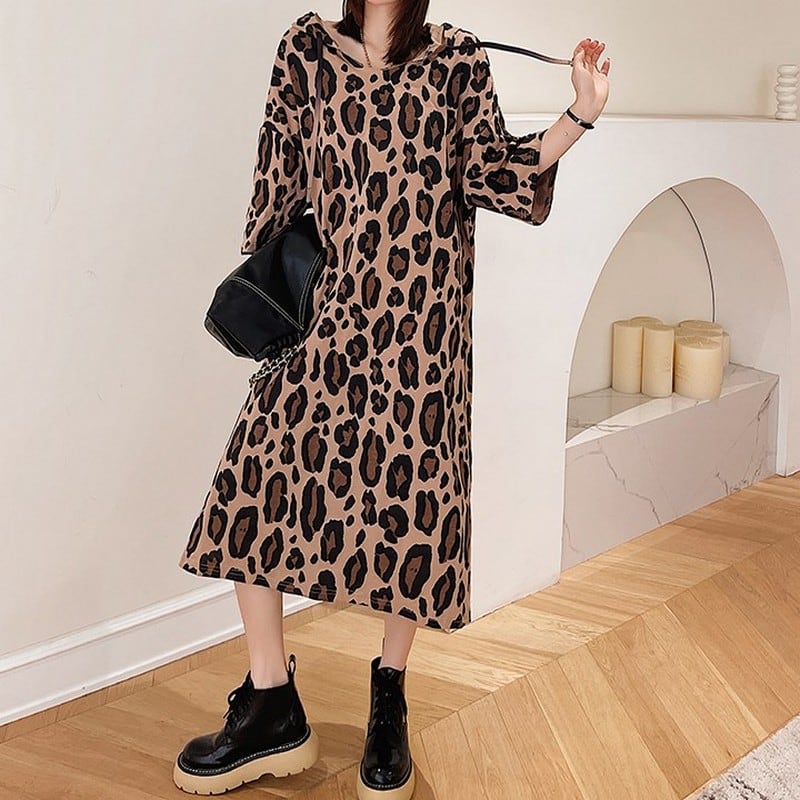【L~3XL】leopard print hoodie dress　　　1-921