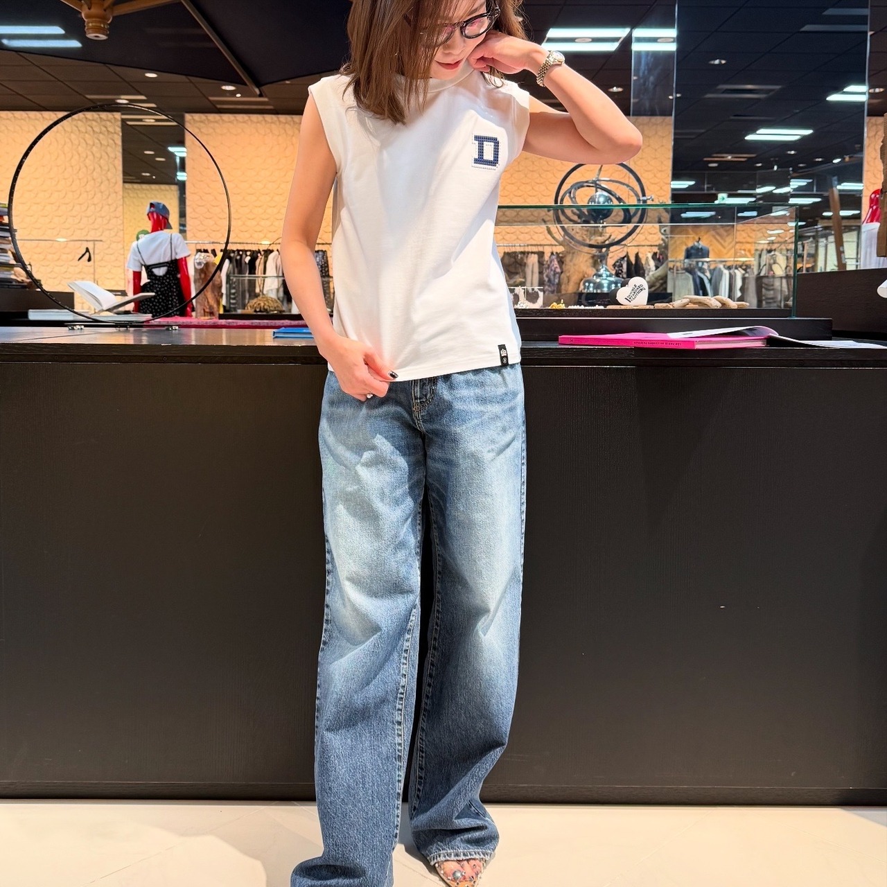 ダブルスタンダード　DOUBLE STANDARD  D LOGO袖なしコットン天竺シャツ