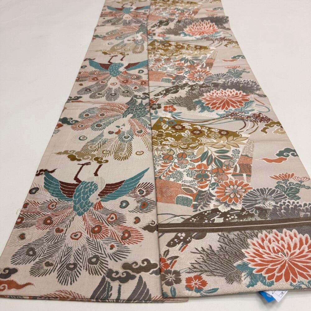 中古 丸帯 正絹 草花 全通柄 ベージュ Bランク 394cm 6256