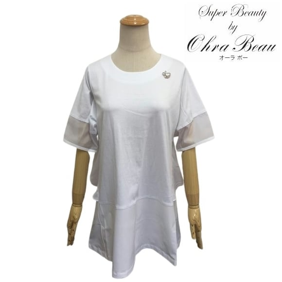 スーパービューティー チュニック カットソー 後ろ配色リボン 2512016 ホワイト 2025年春夏 オーラボー 大人かわいい服 大人スタイル キレイメ Super Beauty レディース アパレル 女性 M L LL 30代 40代 50代 60代