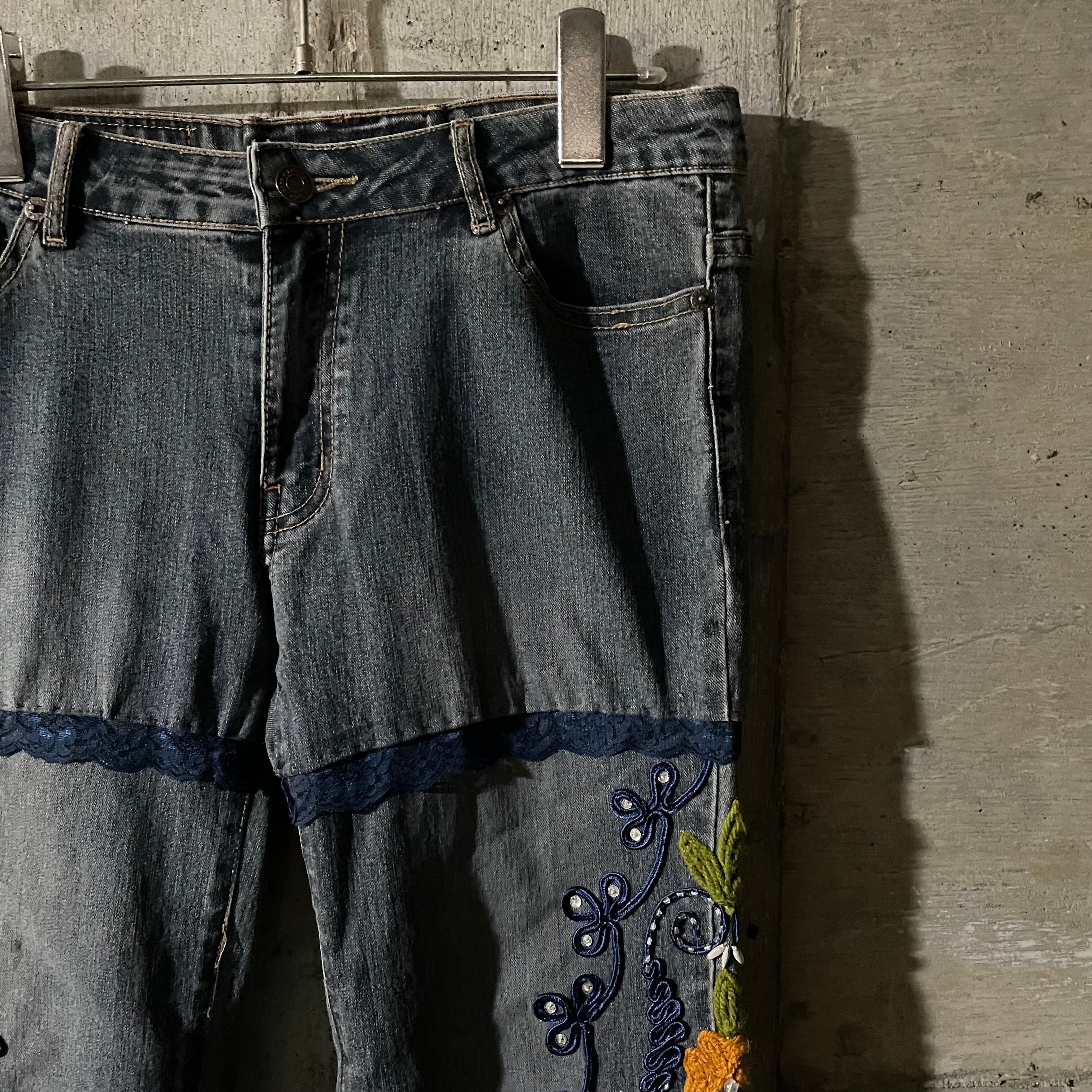 vintage〗flower beads embroidery Y2K design bootscut flare denim