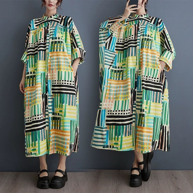 PRINT STAND COLLAR 3/4 SLEEVES WIDE MIDI SHIRT DRESS 1color M-8606