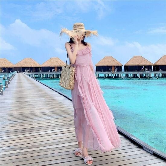 【美品】LAUNDRY ピンク キャミワンピース フリル ロング丈　ドレス ロングワンピース 夏 ワンピース 大きいサイズ リゾートワンピース