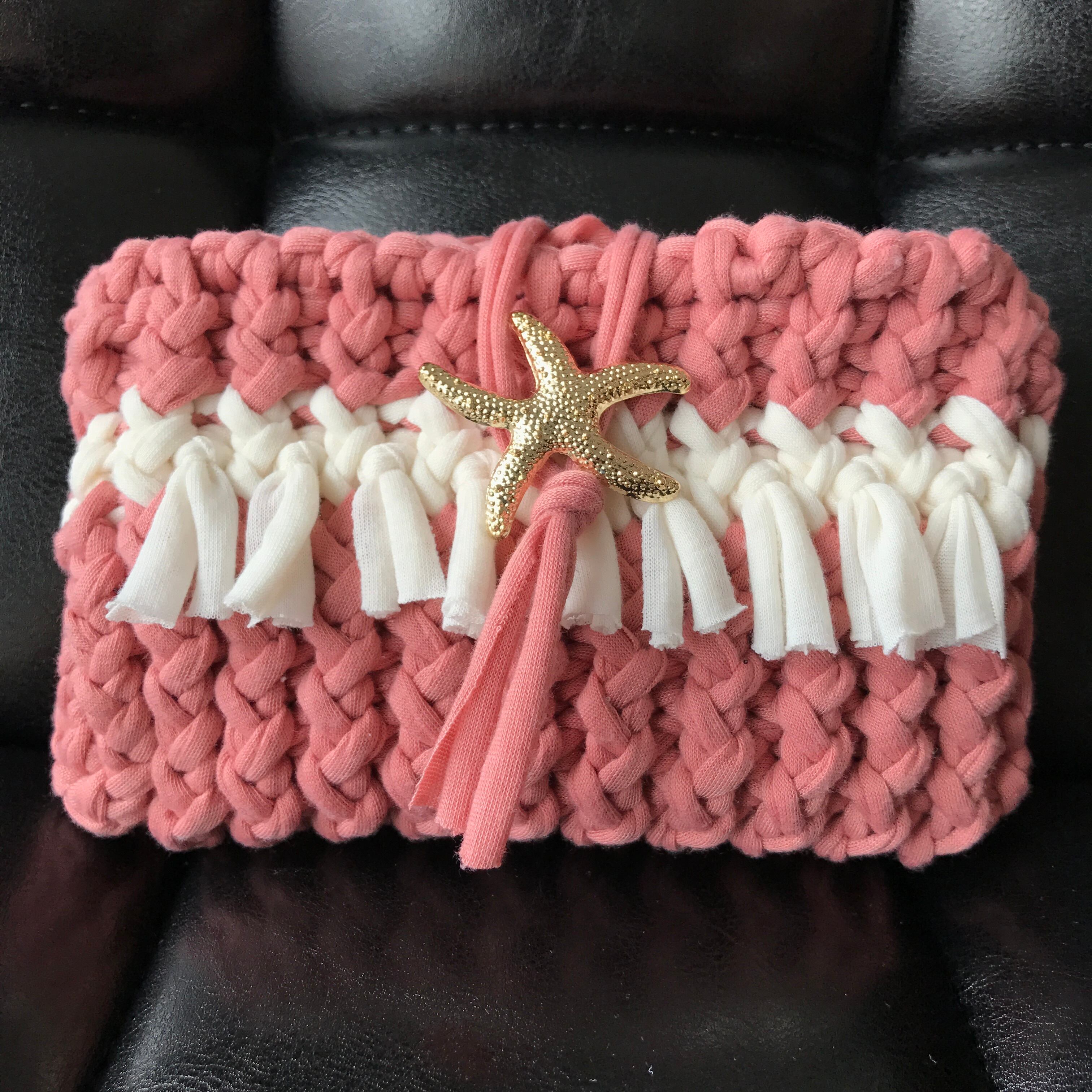 SALE】大人気！Tシャツヤーン ハンドメイド フリンジ ポーチ ピンク  