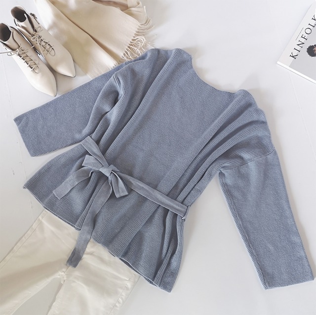 ボートネック ハイゲージリブニット 袖広め ウエストリボン