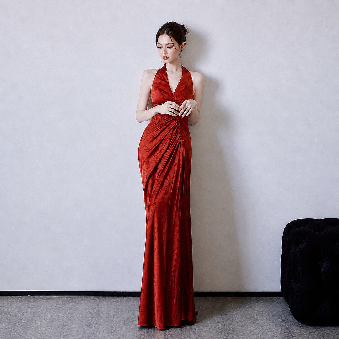 Draped Halter Neck Long Dress V3521