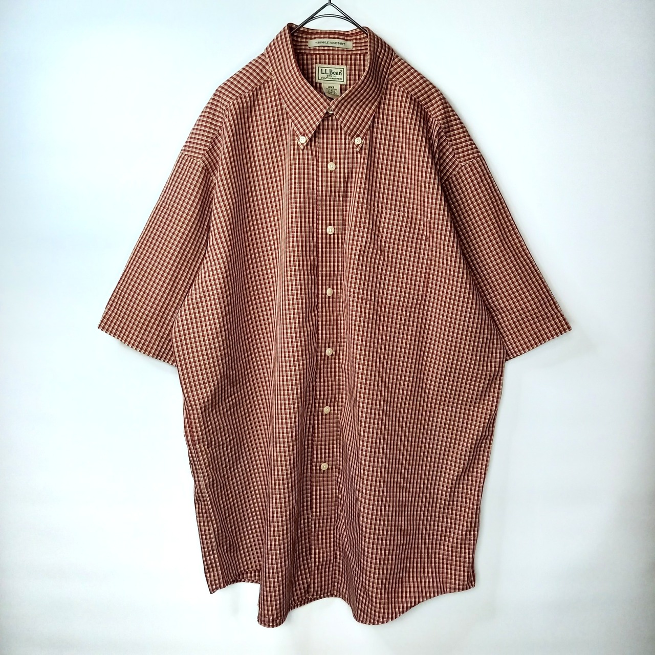 エルエルビーン　防シワ　BDシャツ　半袖　チェック　オーバーサイズ　赤茶　L