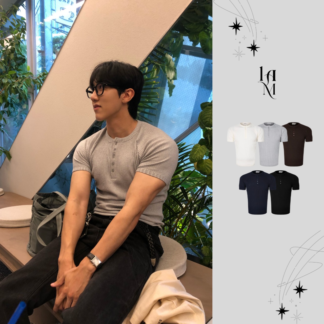 【MuscleFit】Ribbed Raglan Henley Neck Tee (5color) - 1