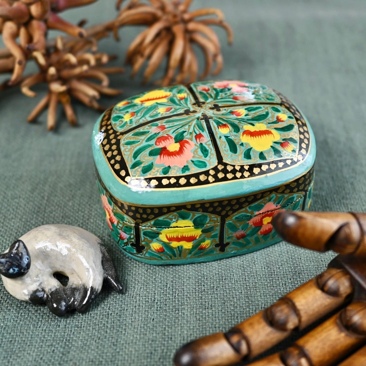 ペーパーマッシュ キャンディBOX ターコイズ| 緑 蓋付き小物入れ アジア雑貨 インテリア 雑貨店