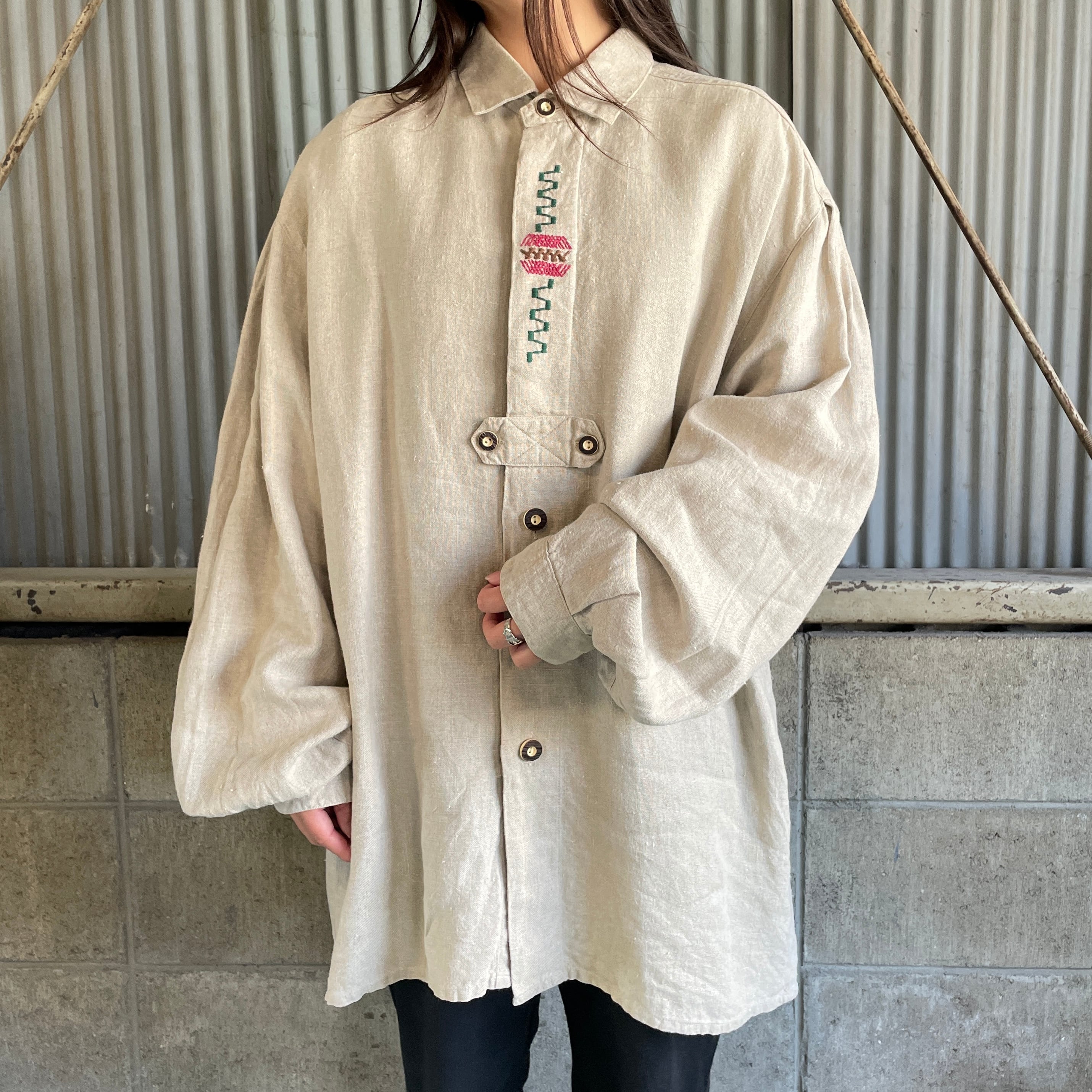 90年代 GLORIETTE リネン 刺繍デザイン 長袖 チロリアンシャツ