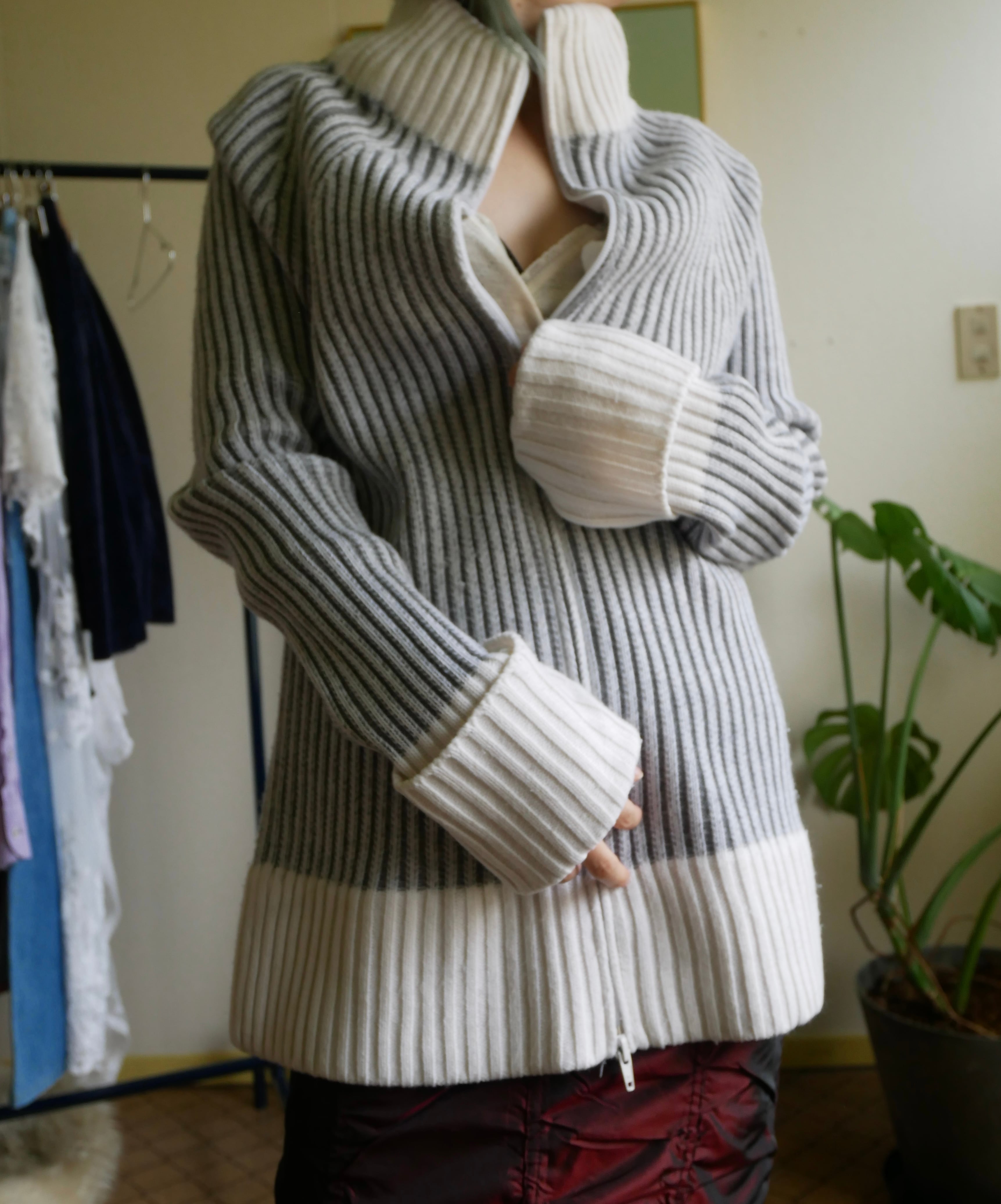 90s-00s Full-Zip High Neck Rib Knit Cardigan