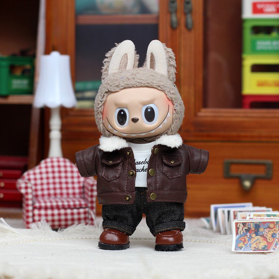 Labubu 1-3代対応 秋冬 ブラウンレザージャケット＋Tシャツ＋パンツ＋