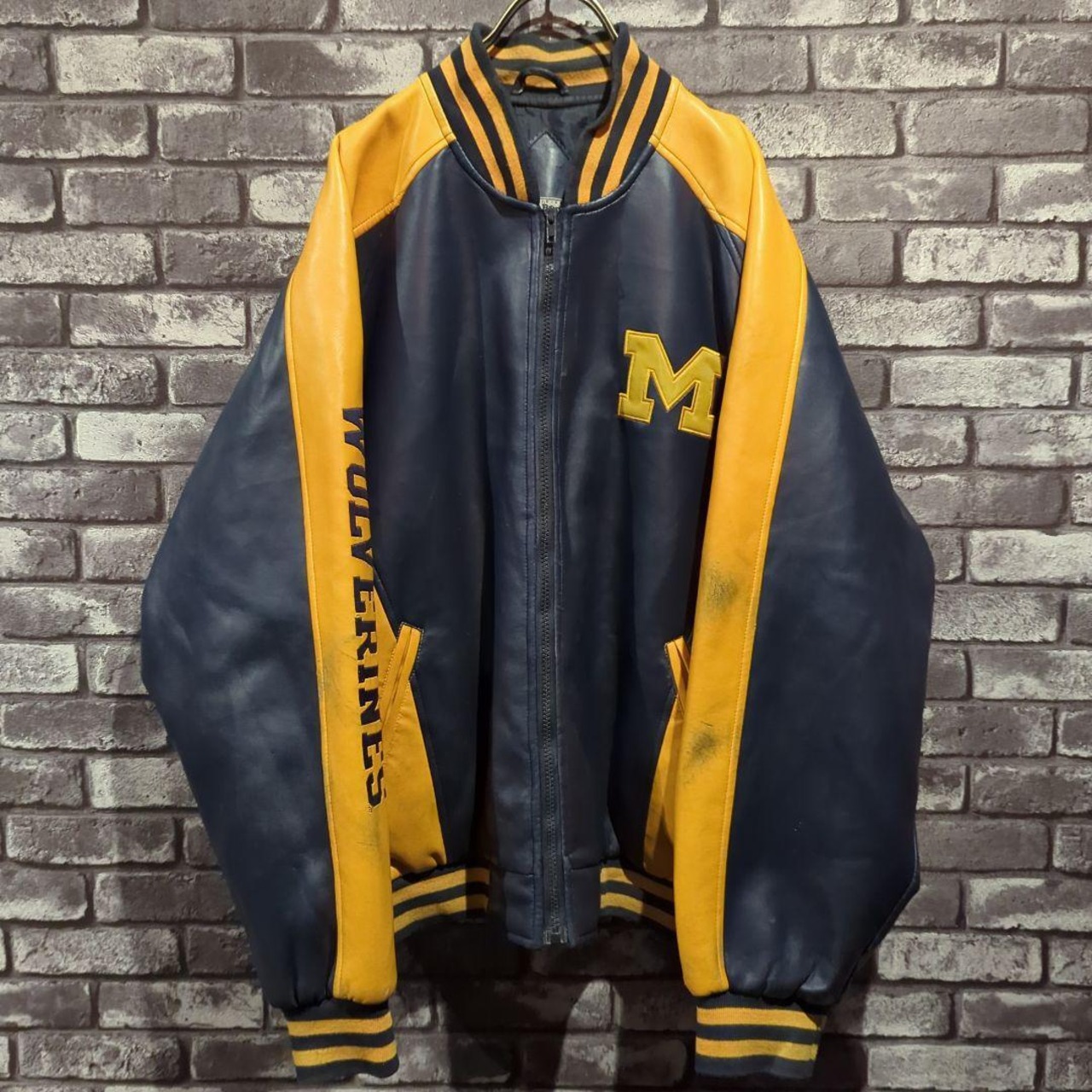 カレッジ leather jacket スタジャン ミシガン大学 レザー XL | 古着屋 