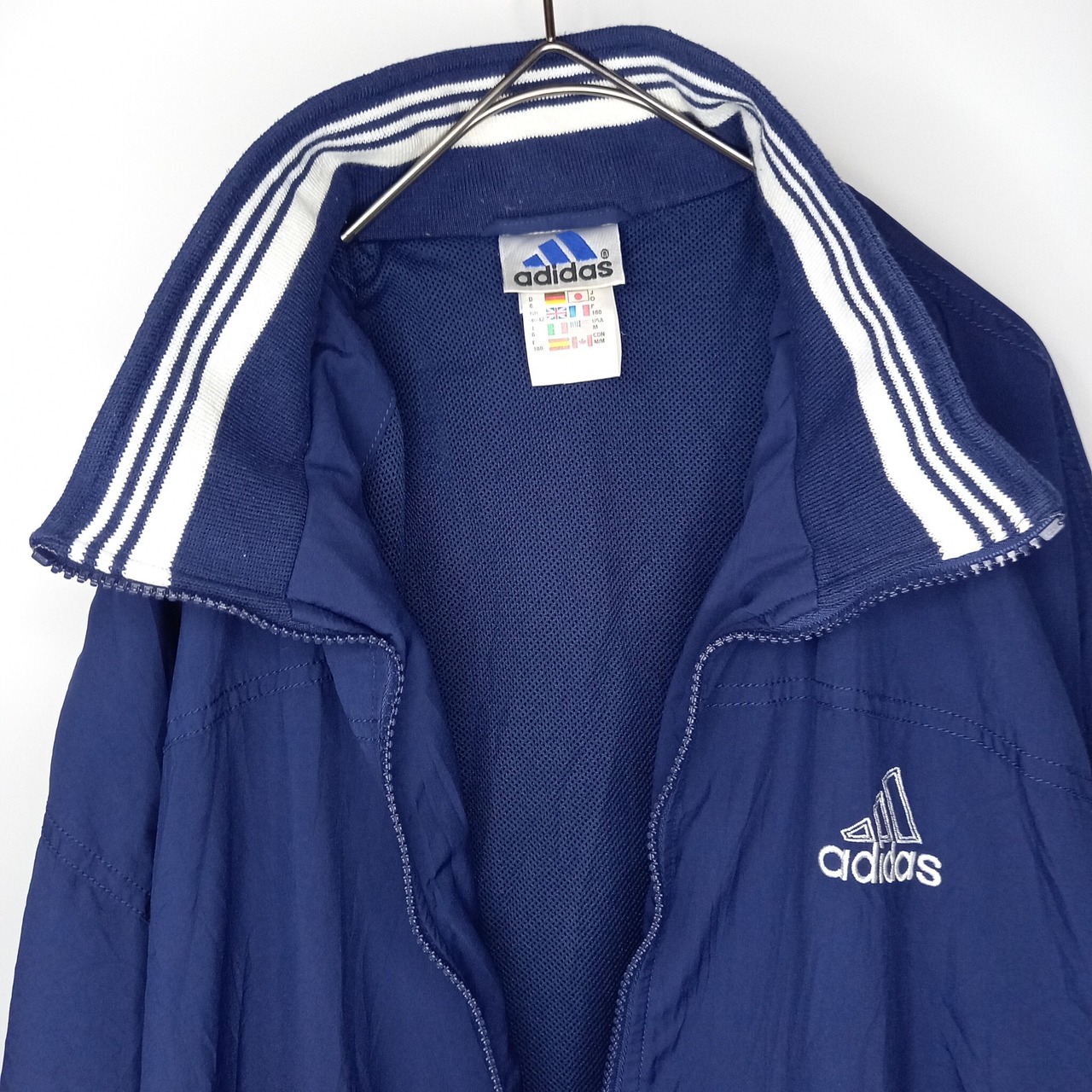 00s　アディダス　フルジップ　ナイロン　ジャケット　刺繍ロゴ　総メッシュ　紺