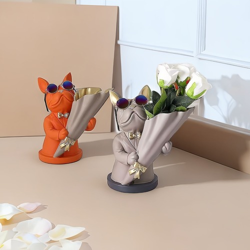 花瓶 ブルドック 犬 フラワーポット ２色展開 ブラック ベージュ オーナメント ユニーク インテリア デスクトップ装飾 玄関装飾 リビング装飾 収納 オブジェ
