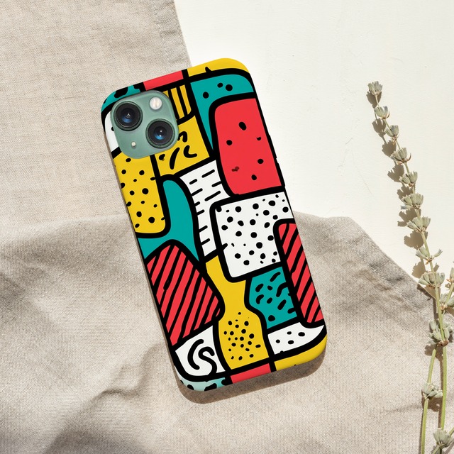 受注生産 iPhoneケース 黒枠ブロックのカラフルポップ柄｜カラーブロック PABS077C