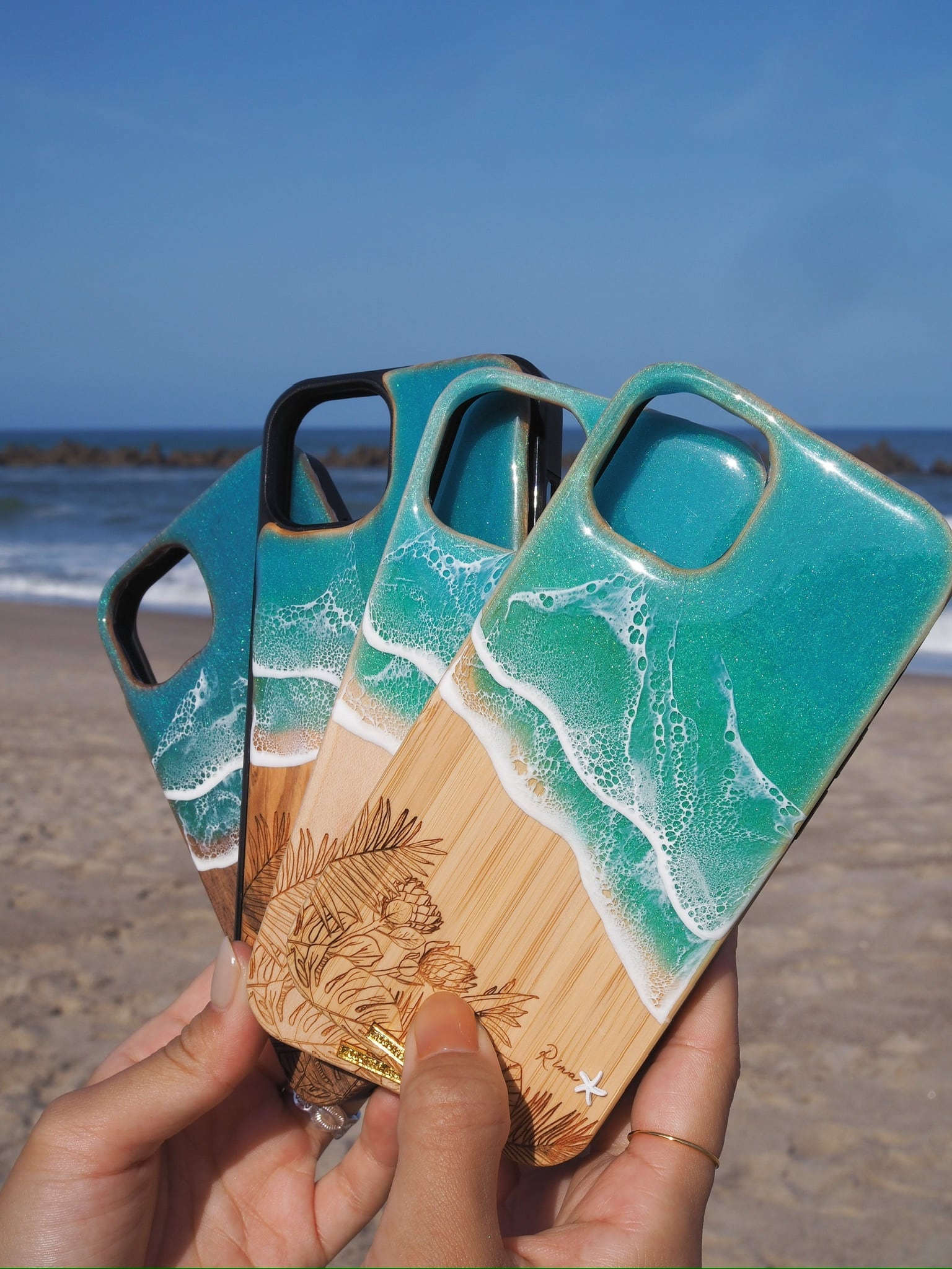 Ocean flower/wood×resin green wave case(olive wood) | ALOHA GLASS
