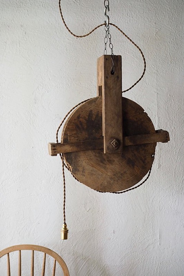 円と線と線 セグメント-antique wood pulley pendant lamp