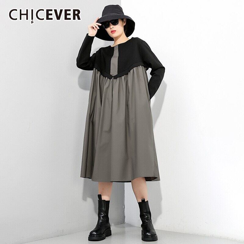 CHICEVERヴィンテージドレスレディースOネック長袖パッチワークヒットカラールーズミディドレス秋 ロング オータム 秋物 ビンテージ 6base575975296532