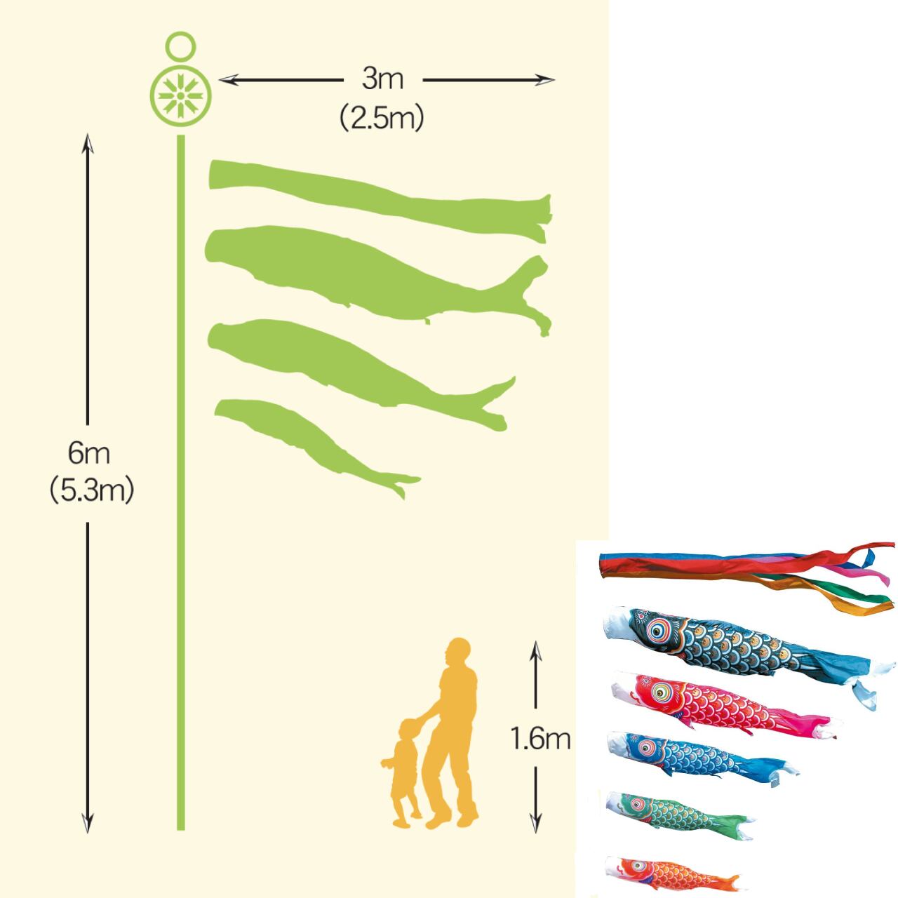 ゴールド鯉ガーデンセット　２.５M８点セット（徳永鯉のぼり）