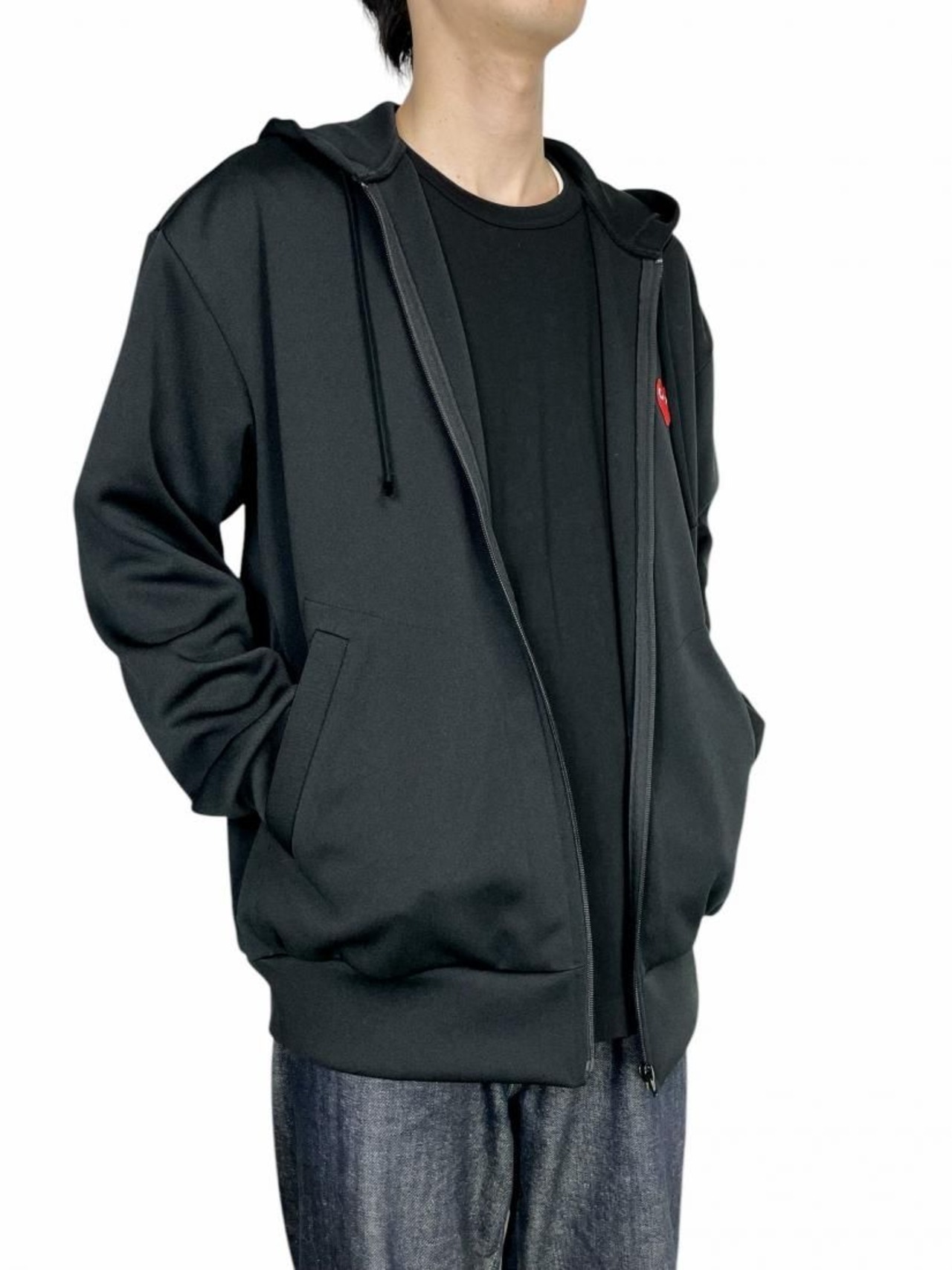 【PLAY COMME des GARCONS】T172(メンズ) エステルスムースフルジップフーディ(赤エンブレム)