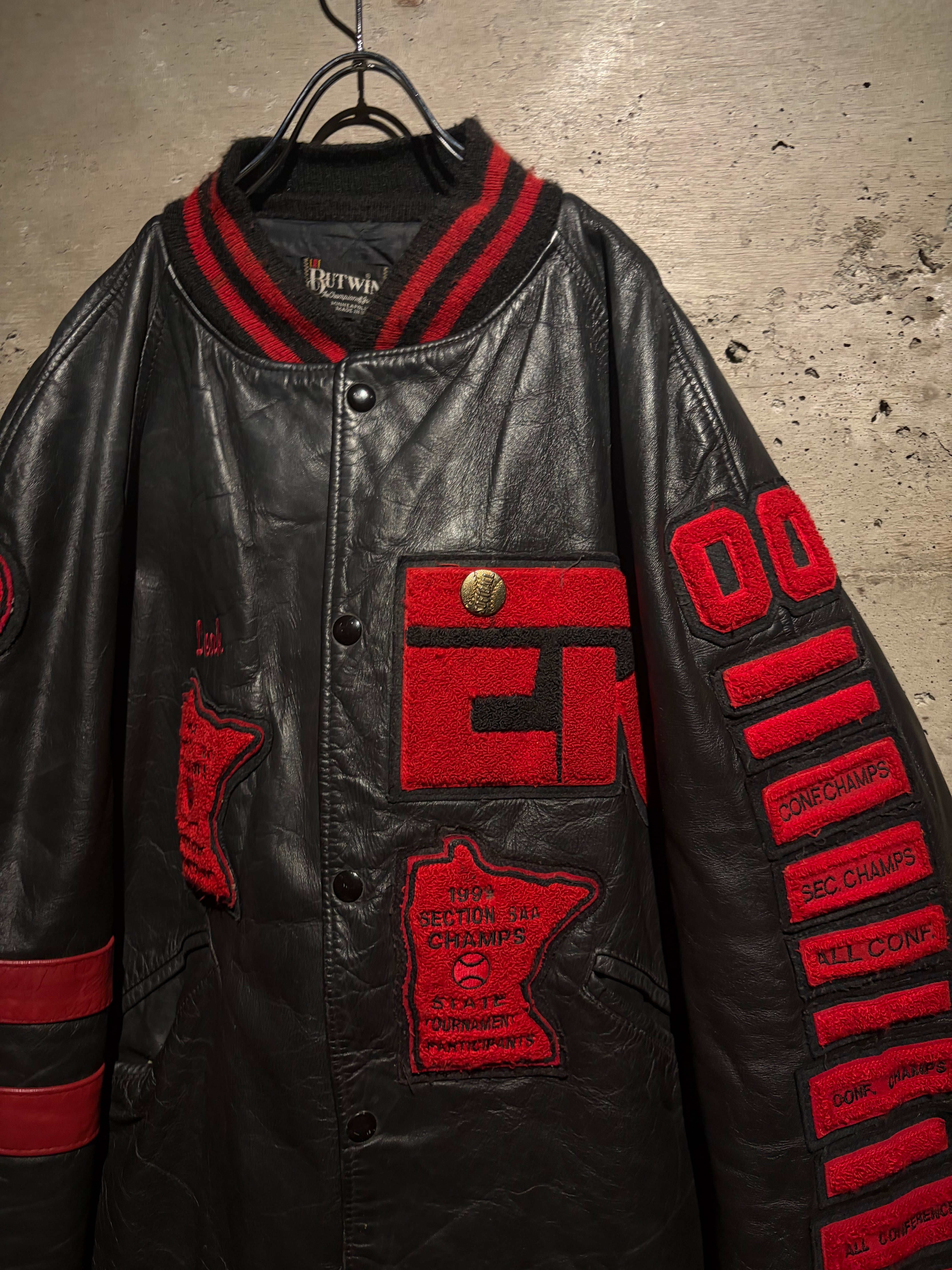 Caka】90's “BUTWIN” Multi Wappen Vintage Loose Leather Varsity