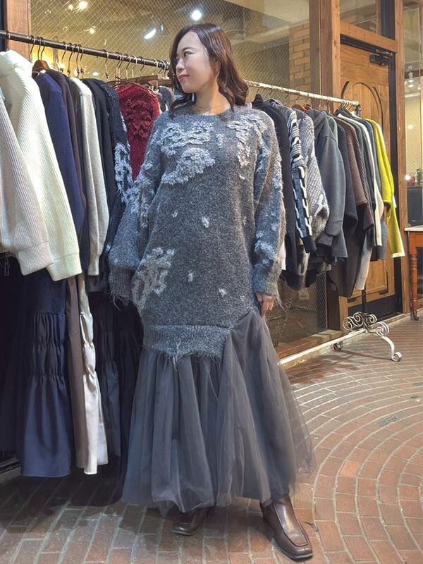 セブンデイズ　1251155　立体ニット x チュールOP  冬