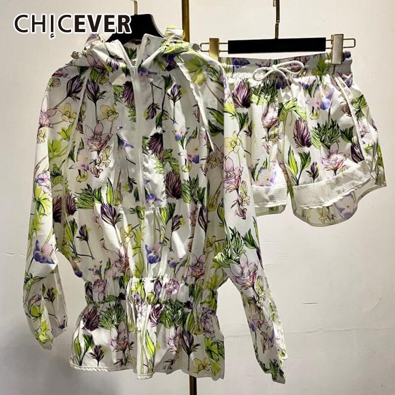 サマーフード付きカラーランタン長袖ジッパープリントフラワーウエスト薄手のコートショーツスーツ女性 ロング 夏物 ブルマー フラワーデザイン 6base520193630807