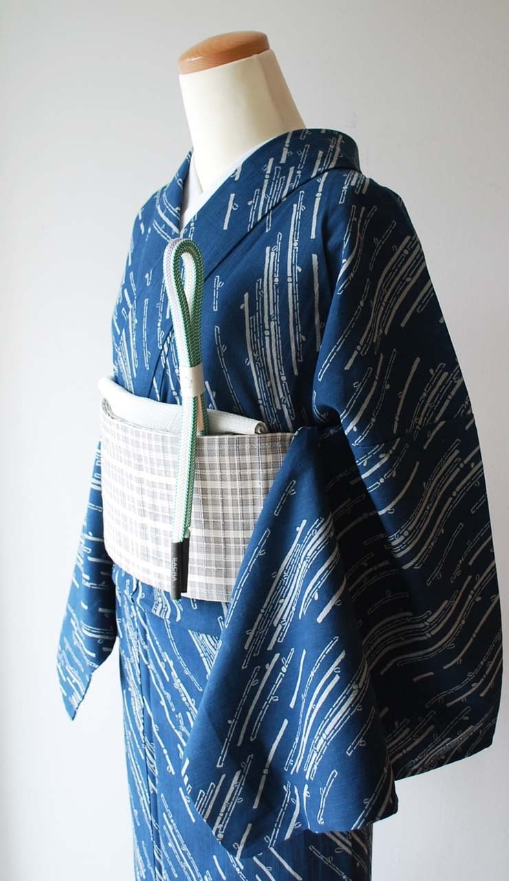 単衣】紺仁 両面型藍染 青藍色 竹文 木綿着物 | 大山キモノ・ちぇら