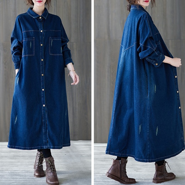 DENIM A-LINE LONG SHIRT DRESS 2colors M-4350