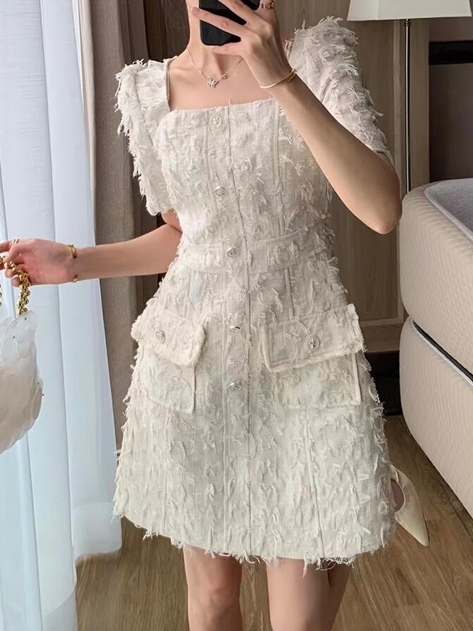 textured fringe puff sleeve mini dress.3144