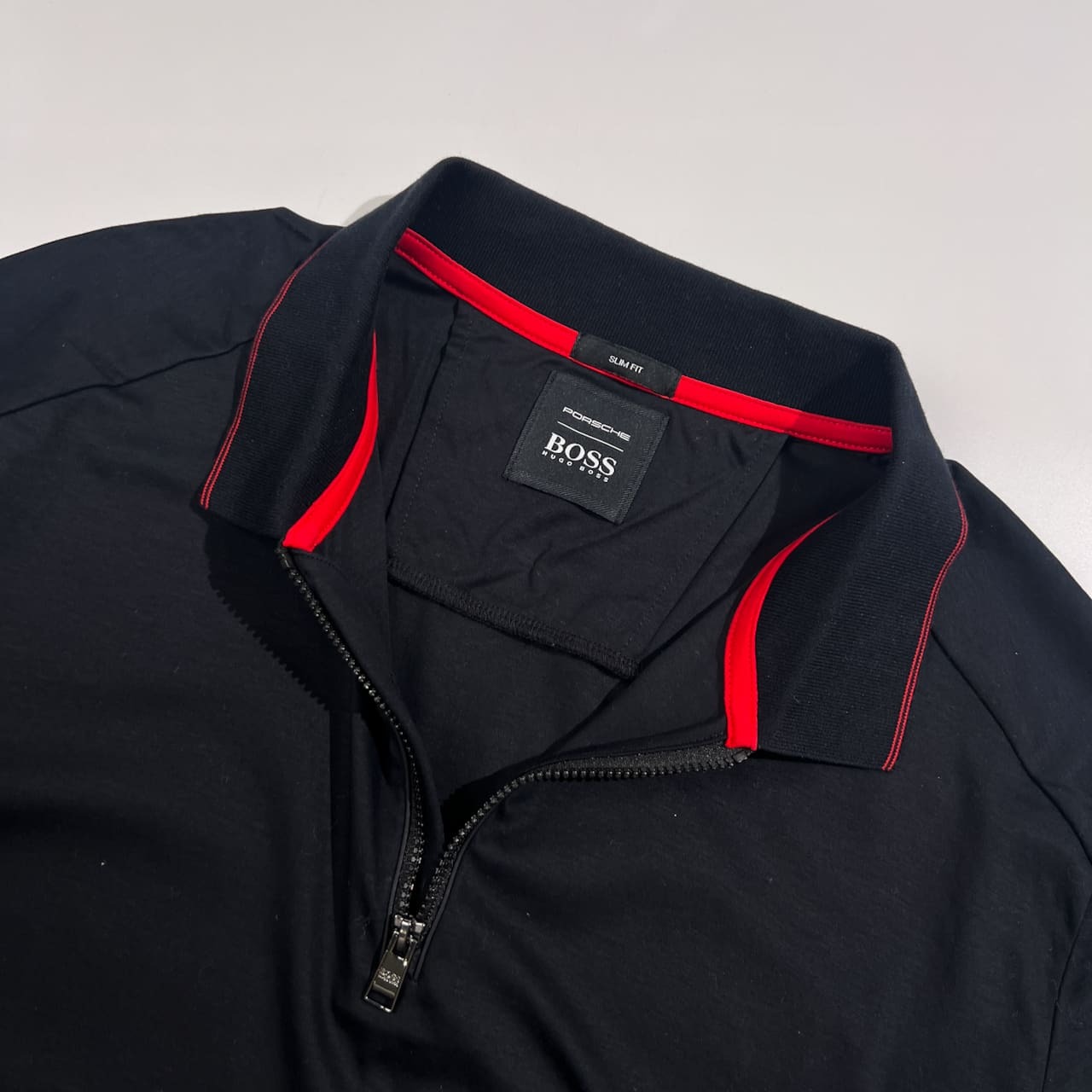 HUGO BOSS × PORSCHE ヒューゴボス ポルシェ  SLIM FIT ハーフジップ 半袖 ポロシャツ L/ブラック メンズ