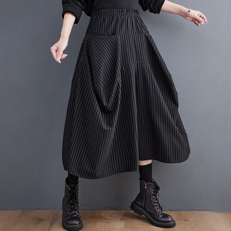 STRIPED ELASTIC WAIST CROPPED WIDE LEG PANTS M-18328