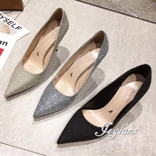 3色 パンプス ハイヒール ポインテッドトゥ キラキラ ラメ 光沢感（M8164）χ