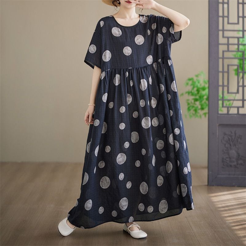 PRINT ROUND NECK SHORT SLEEVE MAXI DRESS M-17286