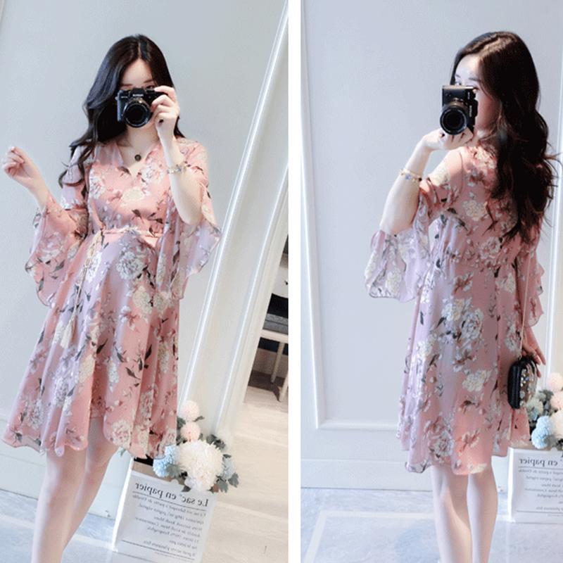 【新作】【送料無料】 マタニティドレスサマーフレアスリーブVネックシフォンドローストリングウエストルーズスタイリッシュドレス妊婦ママドレス 夏物 AL expec378143397045