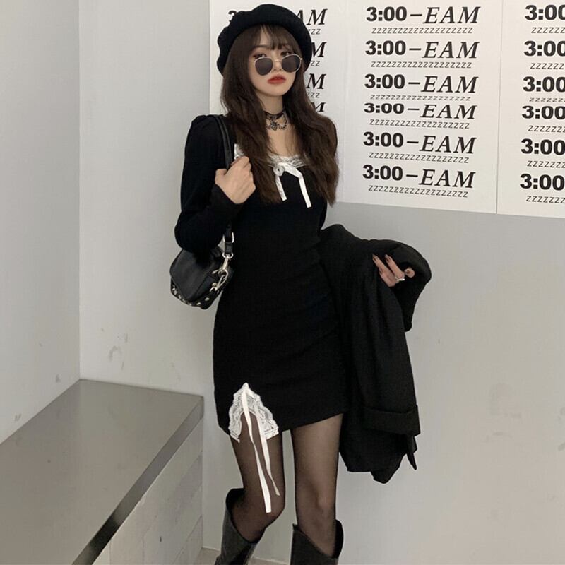 レースカラーリボンブラックドレス オータムスタイルウェスト ロング 秋物 ピュア スクウェア ガールズファッション15699933487