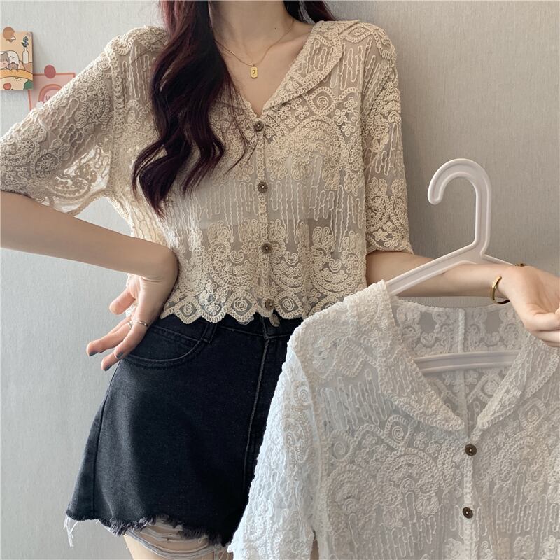 シフォンシャツ サマー薄手レースブラウス カラーショートスタイル 夏物 1号婦人42404694289