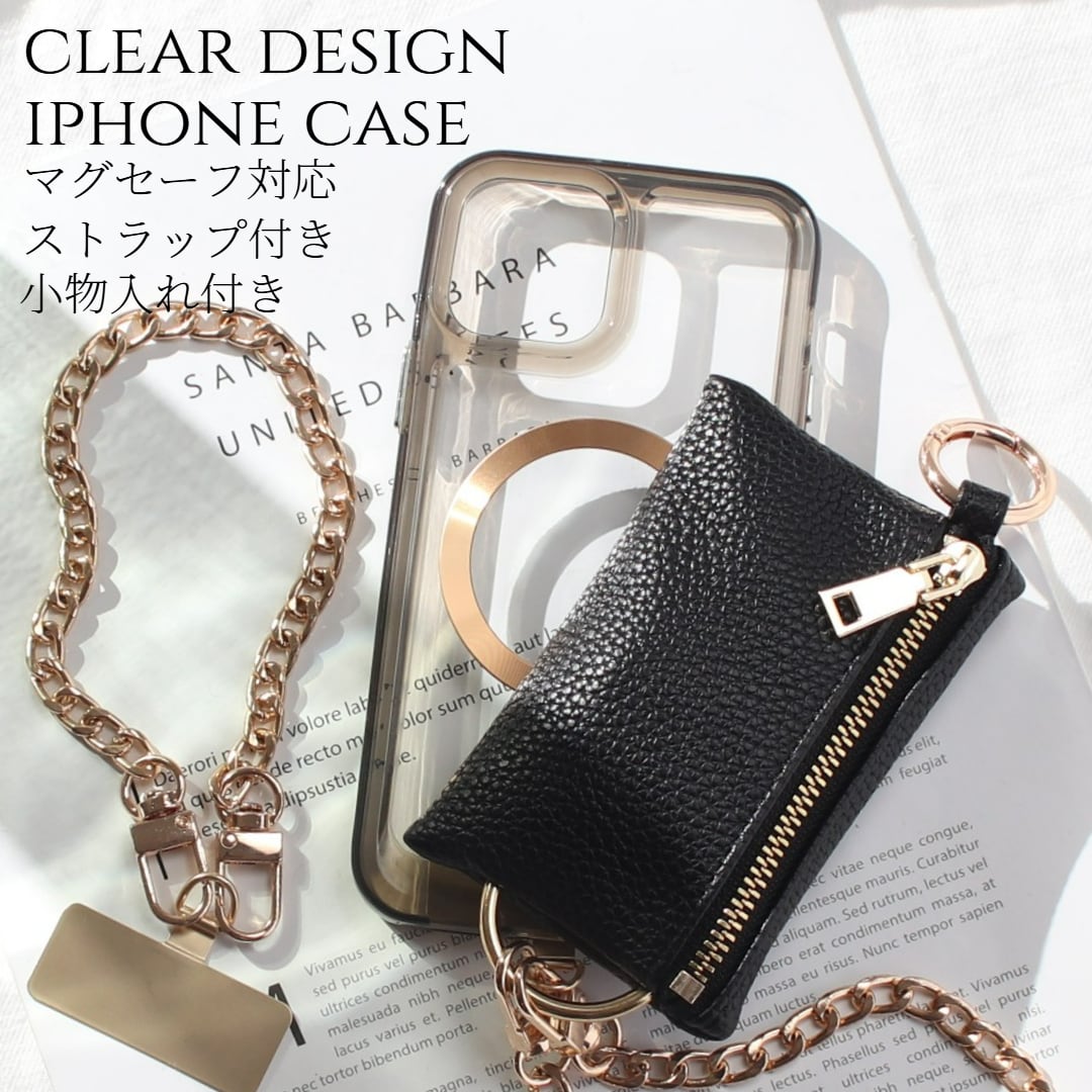 iphone ケース クリア 小銭入れ付き iphone16 iphone15 iphone14 13 12 mini チェーン ストラップ magsafe マグセーフ マグネット アイフォン 16 15 14 SE 11 ショート ストラップ付き 16pro 15pro 14pro 小物入れ 財布 背面収納 カード 13mini se3 se2 メタリック 送料無料