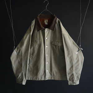 over silhouette brown leather switching design greige color cotton jacket