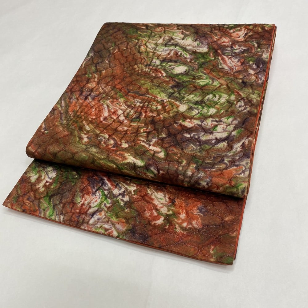 中古 洒落袋帯 正絹 連続模様 全通柄 レッド Bランク 427cm 5454