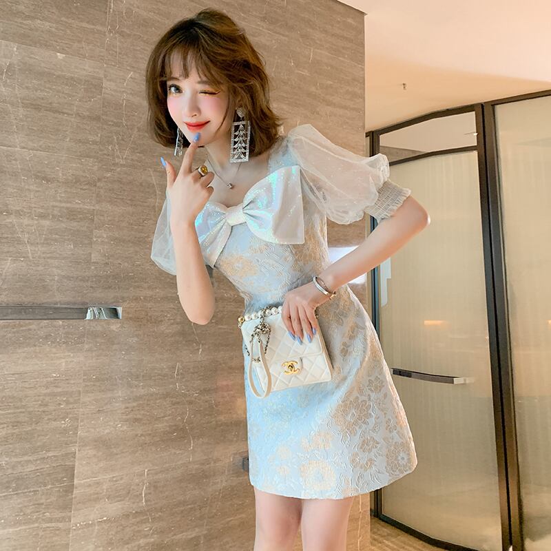 リボンウェストジャカードドレス オータム ランタンスリーブ 秋物 MIUCO60762169150