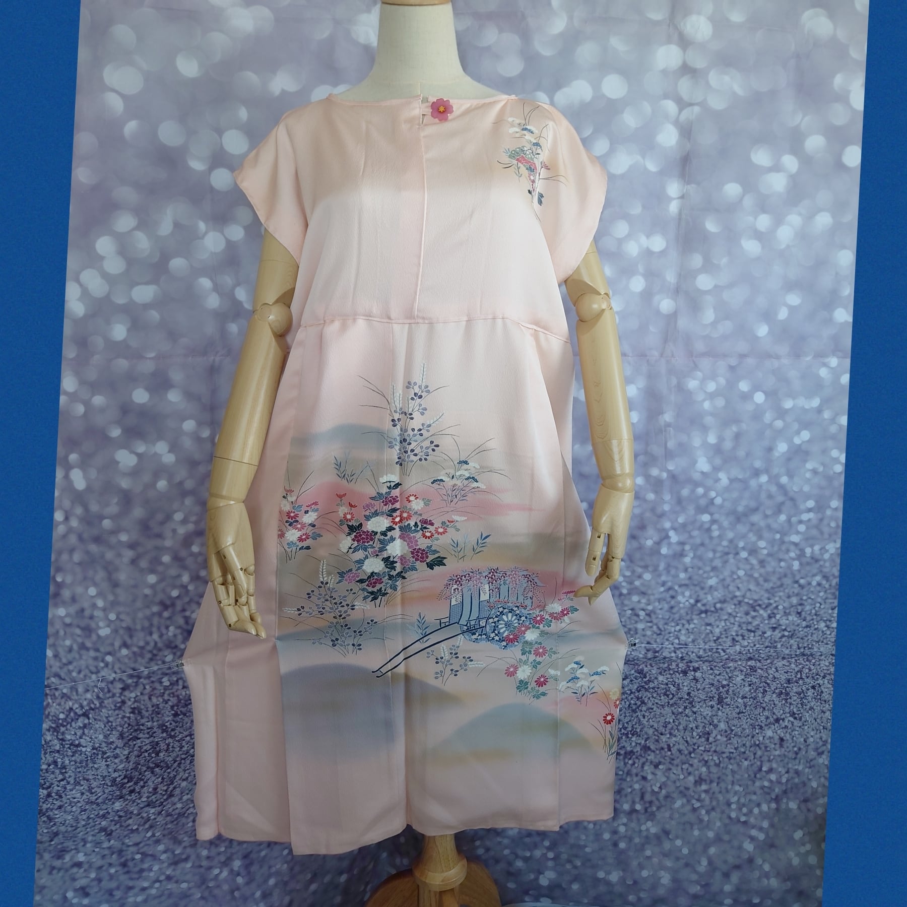 SALE】d16 3Lサイズ ワンピース ウエストリボン＆ストール付き 着物 