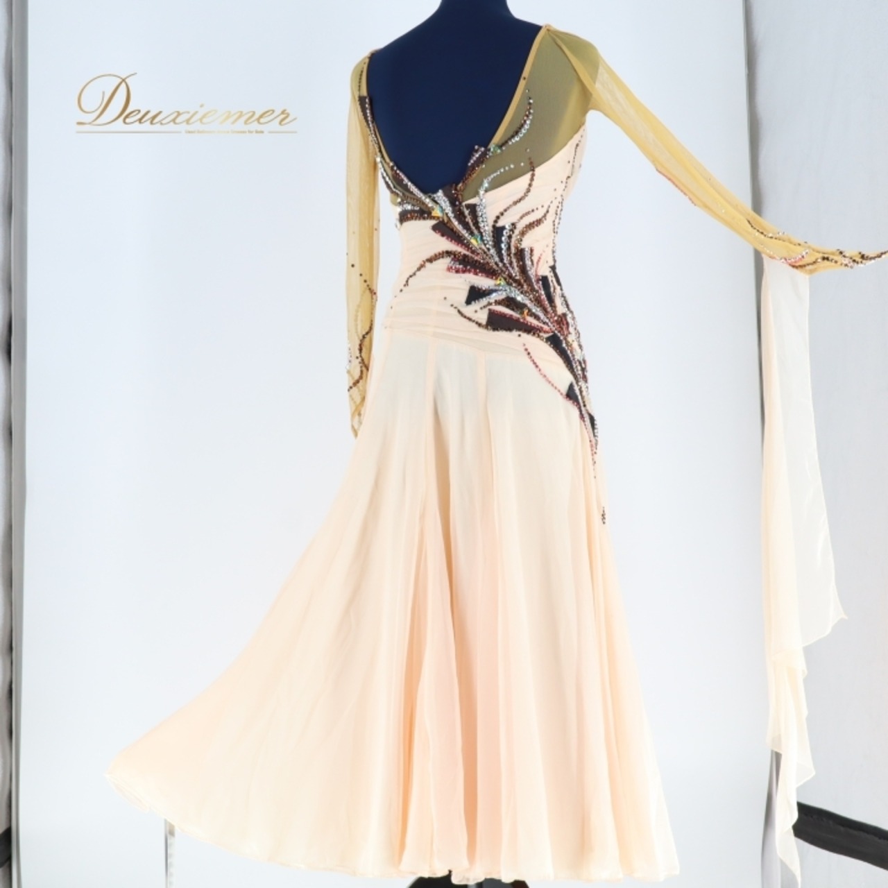 社交ダンス 衣装 スタンダード ドレス スタンダードドレス ワンピース フロート デモ 競技 ダンス パーティ 発表会 ピンク系 ゴールド系 HIROKO YAMAGUCHI ヒロコヤマグチ 落ち感 綺麗 高級感 上品 エレガント スカート2枚重ね 女性用 競技服 ワンピースドレス 上品デザイン ダンスファッション 発表会ドレス パーティードレス