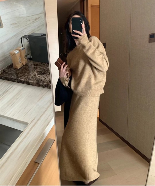 ラウンドネックセーター + スカート◆ツーピースセット【s-40036】