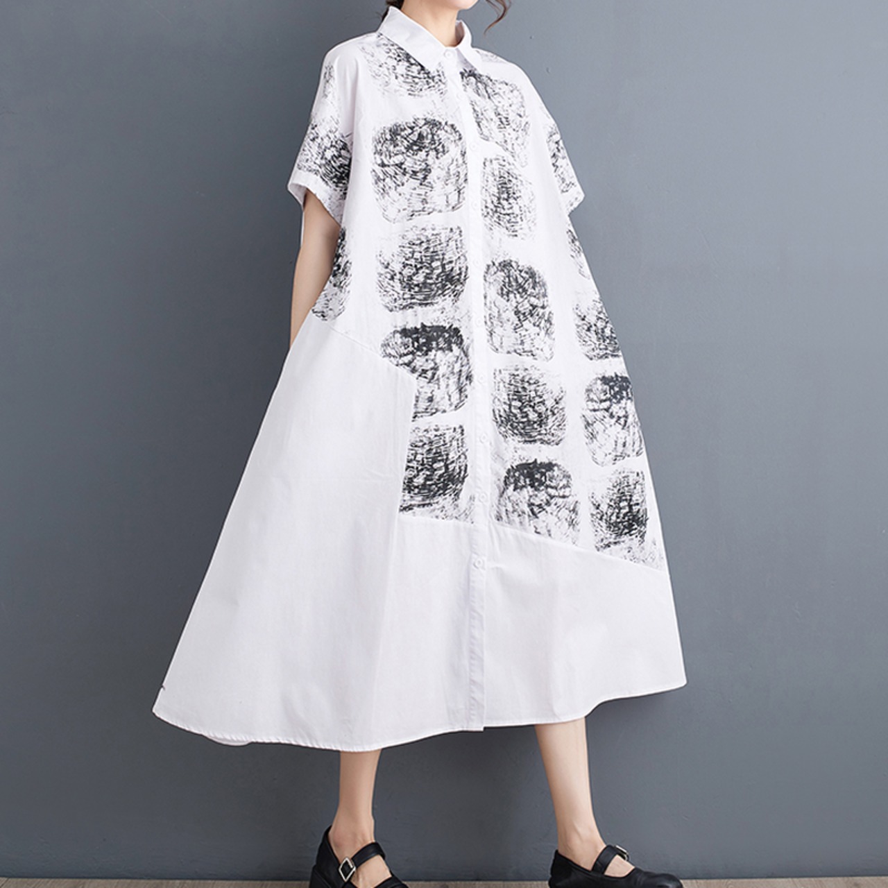 ポロカラー プリント シャツワンピース  30034