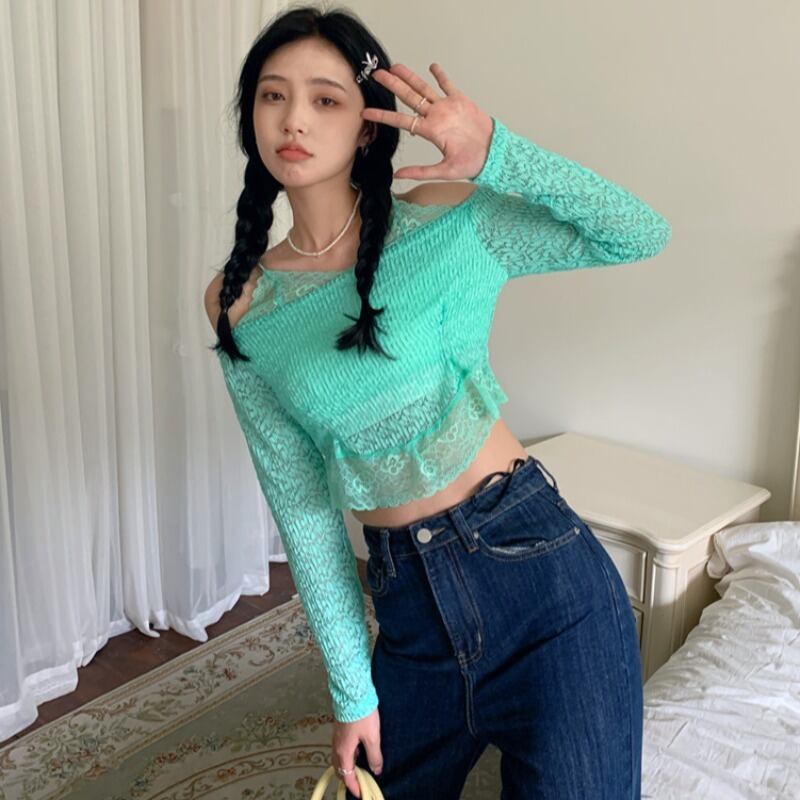 カラーショートレースシャツ オータムトップス レディース ロング 秋物 ハンチェンe65117164753