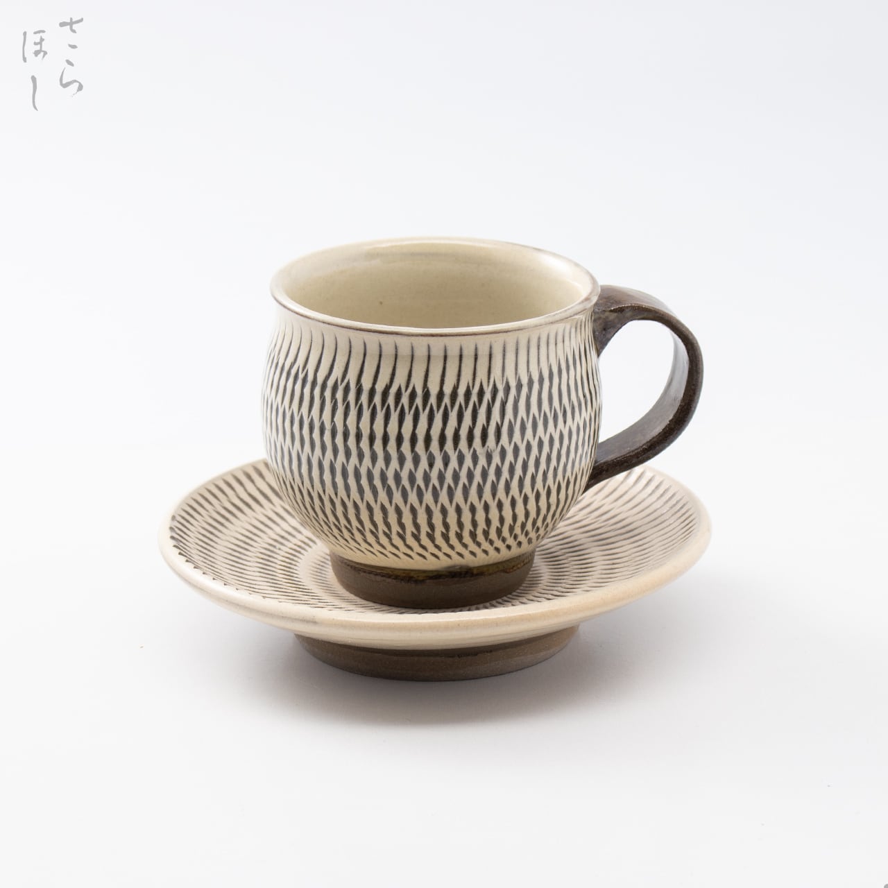 小鹿田焼 小袋窯【コーヒーカップ&ソーサーセット】飛びかんな 白 陶器 和食器 民藝