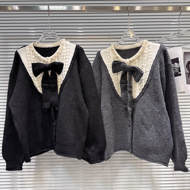 【outer】リボン付きフェイクレイヤードニットカーディガン Q7444