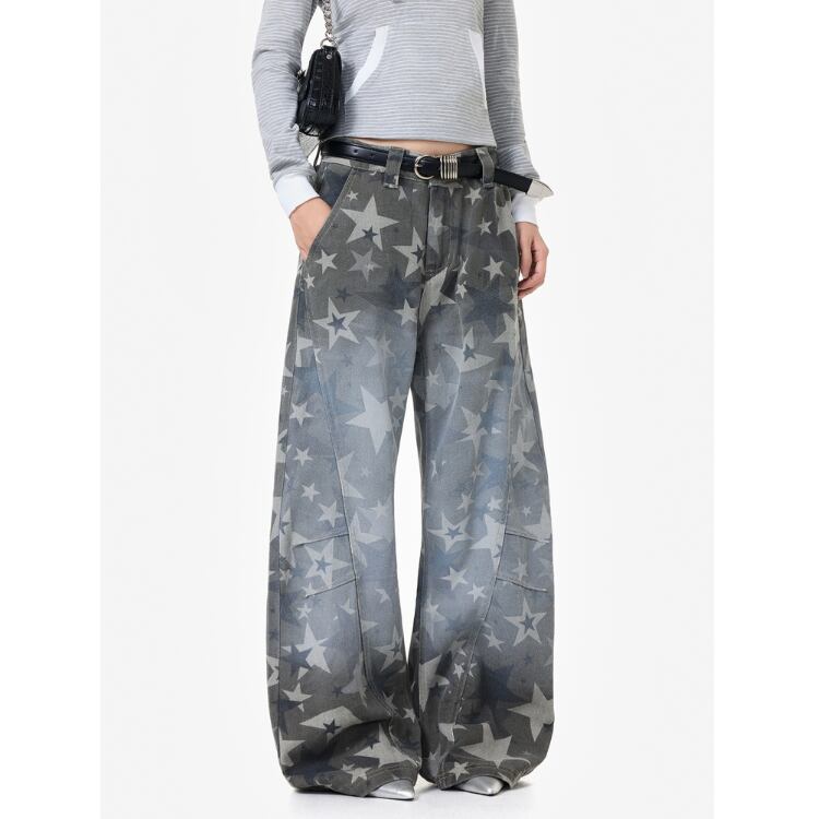 星柄プリント ワイドレッグ フルレングス デニムパンツ L00091